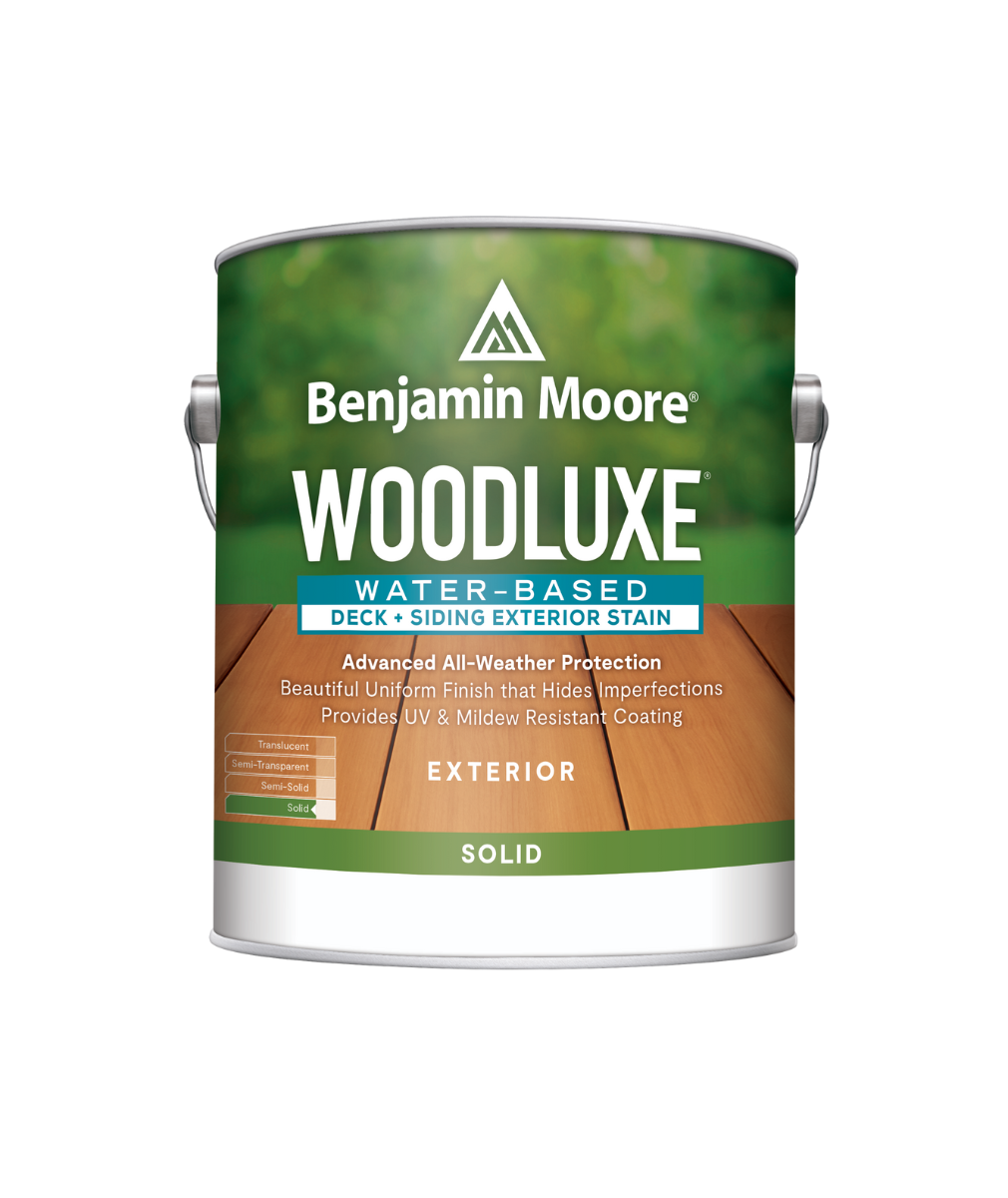 Benjamin Moore Woodluxe® Water-Based Solid Exterior Stain available at Clement's Paint in Austin, Texas.