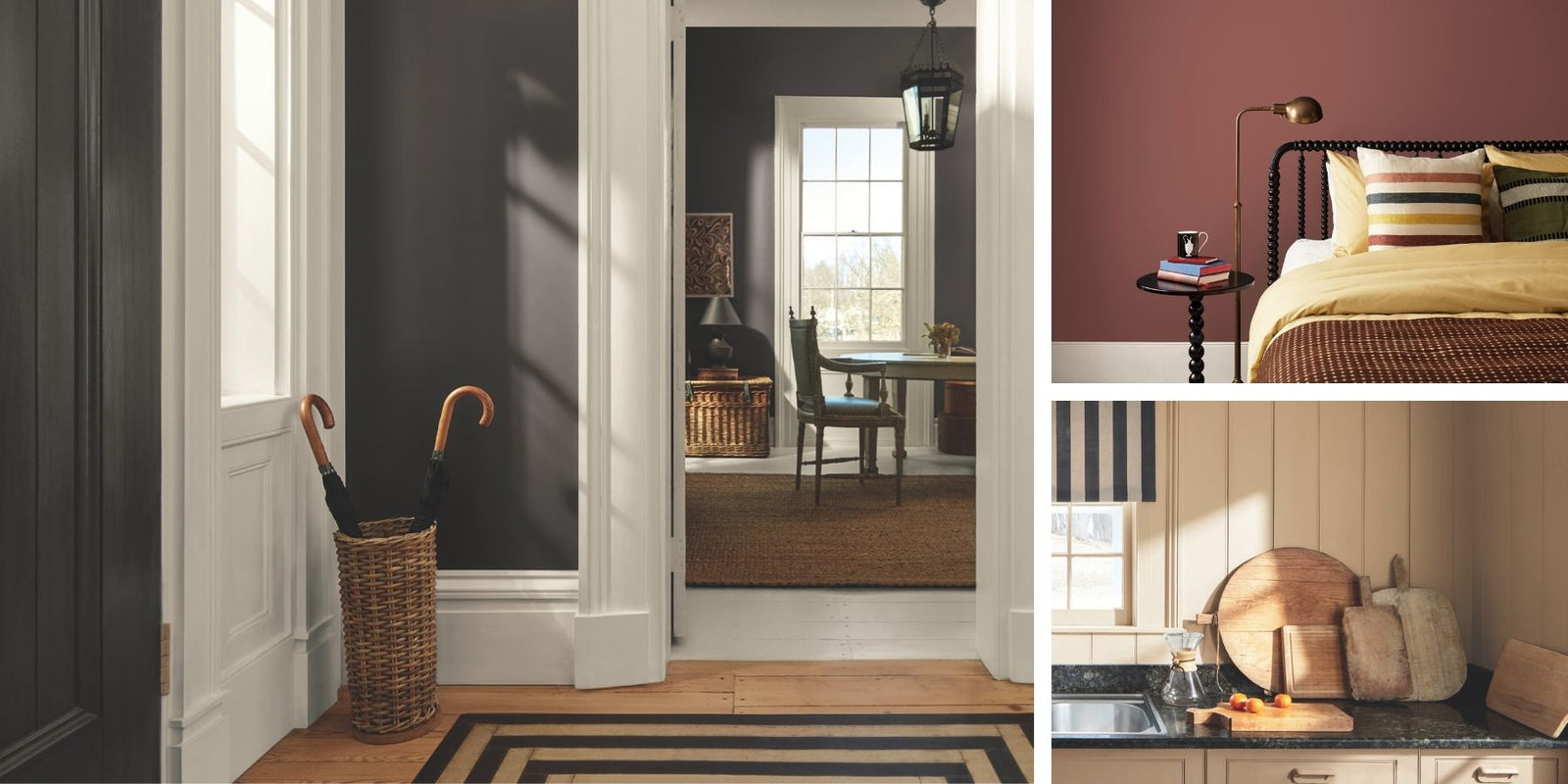 Collage of interior design elements and rooms showcasing colors from the Benjamin Moore 2026 Color Trends Palette. 