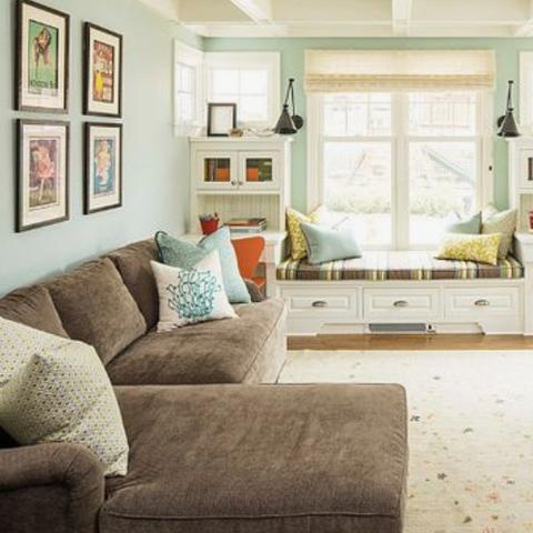 A living room painted with Benjamin Moore's Silver Marlin,  available at Clement's Paint in Austin, Texas.