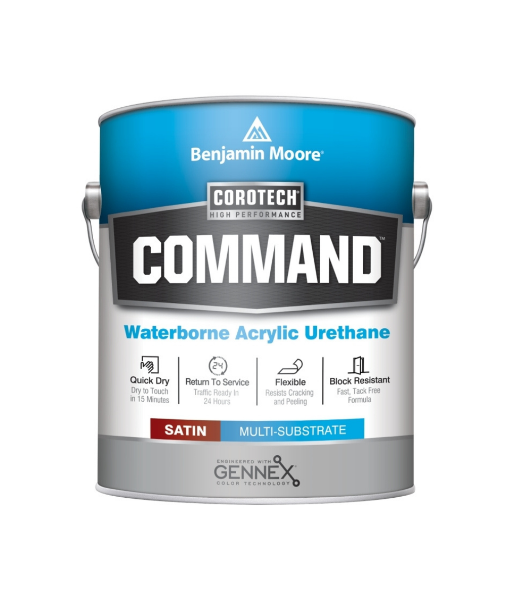 white and blue paint can with the word command in white on a black background