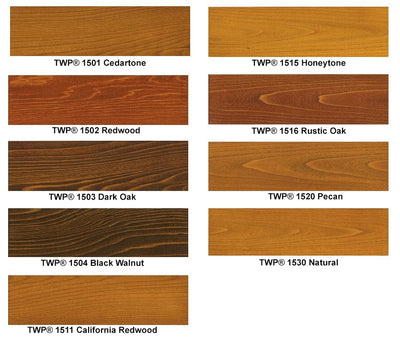 TWP Wood Stain 1500 Series colors, available at Clement's Paint in Austin, TX.